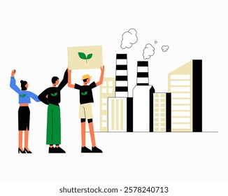 Activists Protesting Against Factory Pollution In Flat Vector Illustration Symbolizing Environmental Awareness, Climate Action, And Social Activism, Isolated On White Background.