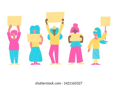 Activists. Protesting people standing together with sign boards. Young women holding blanks of banners and placards. Ladies take part of rally, parade. Vector illustration.