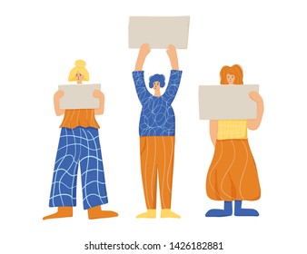 Activists. Protesting people standing together with sign boards. Young women holding blanks of banners and placards. Ladies take part of rally, parade. Vector illustration.