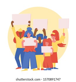 Activists. Protesting people standing together with sign boards. Young ladies holding blanks of banners and placards. Students take part of rally, parade. Vector illustration.