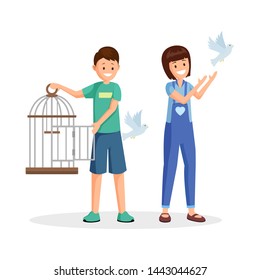 Activists setting birds free flat vector illustration. Cartoon kids, teenagers with open birdcage liberating pigeons. Animal rights activists, volunteers fighting for wild species natural habitat