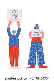 Activists. Two women holding banners with Save the world and Stop ocean plastic pollution slogans. Vector illustration.