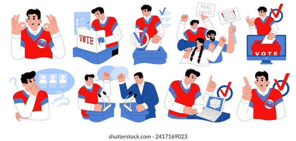 Activists vote at polling stations, hold debates and rallies. State elections. Selecting a candidate for political office. Vector illustration on a social theme.