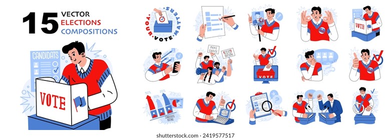 Activists vote at polling stations, hold debates and rallies. State elections. Selecting a candidate for political office. Vector illustration on a social theme.