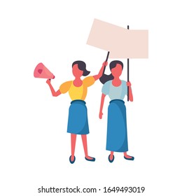 activists women with protest banners and megaphone vector illustration design