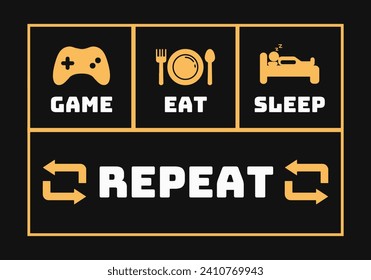 Activites slogan game, eat, sleep and repeat sign. Gamer daily activity life.