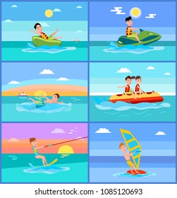 Activities banana boat and jet ski, kitesurfing and windsurfing, swimming summer sport seascape isolated on vector illustration