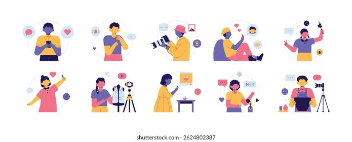 Activities carried out by Gen Z children today, advancing various types of content in the field of entertainment, vector illustrations.