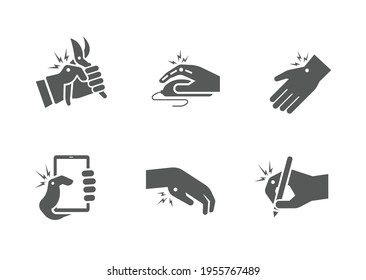 activities cause trigger finger icon set, hand and finger joint pain from repeatedly work, flat design