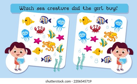 Activities for children. Educational game for children. What sea creature did the girl buy? Find differences. Vector illustration.