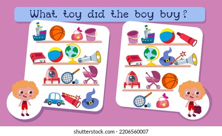 Activities for children. Educational game for children. What toy did the boy buy? Find differences. Vector illustration.