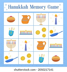 Aktivitäten für Kinder im Zusammenhang mit Hanukka. Gedächtnisspiel mit Symbolen des jüdischen Feiertags Hanukkah, dreiel, Donuts, Öljar, Münzen, Latkes. Vektorgrafik.