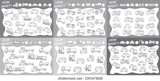 Activities for children. Set of educational games for kids (6 in 1). How many objects (transport)? Coloring book. Vector illustration.