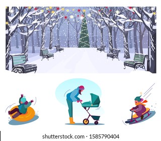 Activities in Christmas park flat vector illustration set. Parents with kids enjoying walking, sleighing, celebrating New Year. Lifestyle, holiday, vacation concept