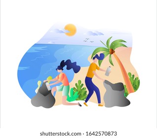 Activities to clean the environment by two people. Disposing of trash in large plastic bags, cleaning on the beach, environmentally friendly concepts