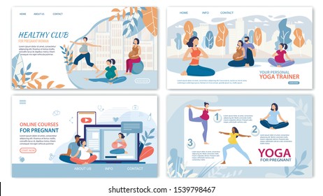 Activities and Courses for Healthy and Happy Pregnancy Trendy Flat Vector Web Banners, Landing Pages Templates Set. Pregnant Woman Practicing Yoga with Trainer, Visiting Fitness Club Illustration