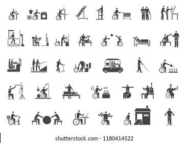 Activities Daily Living And Medical Rehabilitation In Disability People And Elderly People Icon Set, Simple Flat Character Design