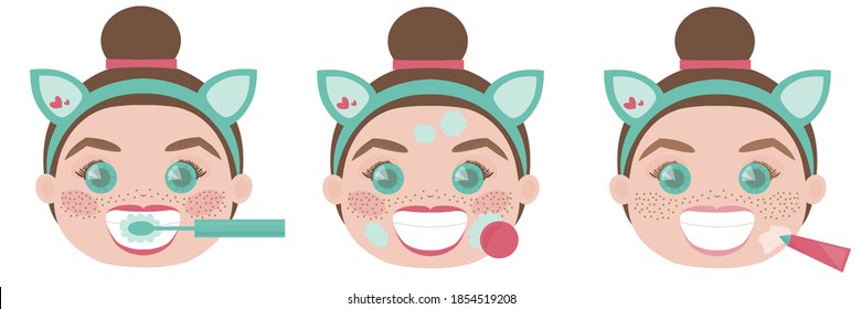 Activities to do before going to sleep. Teeth washing, make up removing, cream face care. Funny vector illustration.
