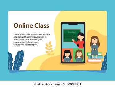 Activities during the pandemic such as online learning, banner for online learning wiht flat style.