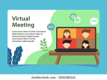 Actividades durante la pandemia como Virtual Meeting, banner para reunión virtual de estilo plano.