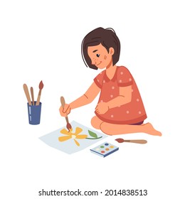 Activities and education for kids in kindergarten, small kid drawing on paper with watercolor and brushes. Drawing lessons and creative development of children. Flat cartoon character vector