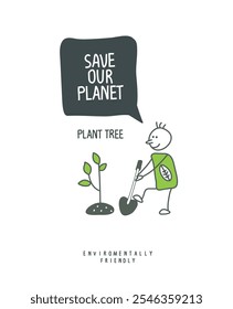 Activities for environmental protection. Vector cartoon sketch  of human, who plant trees. Actions to protect nature.