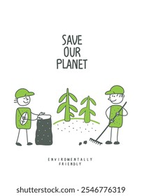 Activities for environmental protection. Vector cartoon sketch of people with with rakes and bags collecting plastic garbage. Environmentally friendly planet concept.