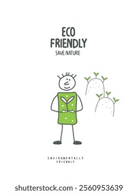 Activities for environmental protection. Vector cartoon sketch of human, who plant trees. Actions to protect nature.