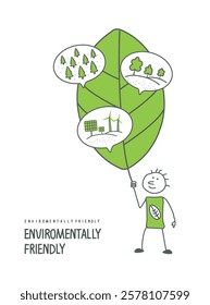 Activities for environmental protection. Vector cartoon sketch of human, who thinking about actions to protect nature. Plant trees, protect the forest, use green energy sources