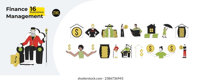 Activa el paquete de concepto de ilustración lineal 2D financiera. Financiar a la gente con diversos personajes de caricatura aislados en blanco. Ahorro de dinero metáfora abstracto de contorno de vector plano colección gráfica