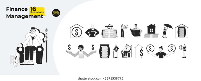 Activities financial black and white 2D illustration concepts bundle. Finance people diverse cartoon outline characters isolated on white. Saving money metaphor monochrome vector art collection