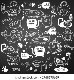 Activities Funny Doodle Cats Set . Vector Hand Drawn Illustration Pattern.