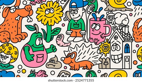 Activities funny doodle seamless pattern. Template hand drawn vector Illustration of doodle, line tools drawing. Seamless pattern monsters doodle cartoon crowd hand drawn doodle style.