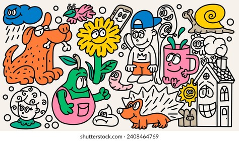 Activities Funny Doodle Set. Hand Drawn Vector Illustration of Doodle, line tools drawing. Collection Hand Drawn Illustration Pattern. Monsters doodle Cartoon crowd hand drawn Doodle style.