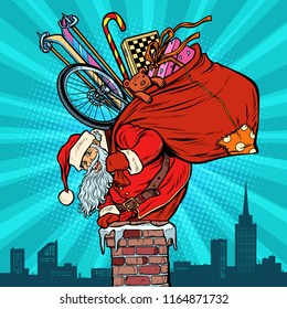 Activities and games. Santa Claus with gifts climbs into the chimney. Christmas and new year. Pop art retro vector illustration vintage kitsch