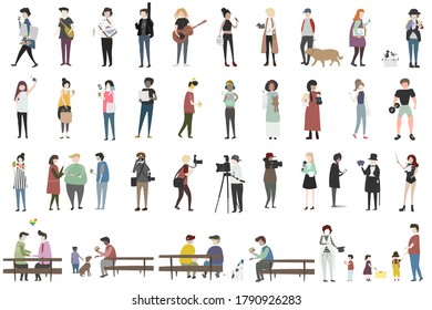 Activities and hobby. Adult people and their creative and artistic hobbies. Set active lifestyle. Elderly people characters. Activities and daily life. Friends, family members, pets. Occupation.
