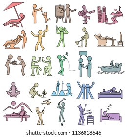 activities icon of leisure, rest, hobby, relax and travel, simple draw pastel color set