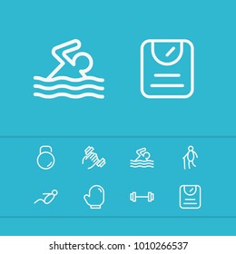 Activities icons set with old man, scales and swimming elements. Set of activities icons and weightlifting concept. Editable vector elements for logo app UI design.