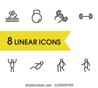 Activities icons set with old man, barbell and dumbbell elements. Set of activities icons and fitness concept. Editable vector elements for logo app UI design.