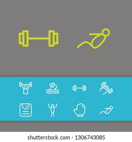 Activities icons set with scales, exercising and boxing glove elements. Set of activities icons and barbell concept. Editable vector elements for logo app UI design.