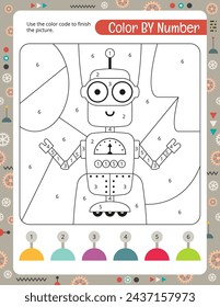 Actividades para niños. Color por números - robot lindo. Juegos de dibujo para niños. Dibujo para colorear. Ilustración vectorial.