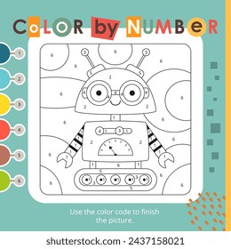 Activities for kids.  Color by numbers – little robot. Logic games for children. Coloring page. Games for children. Vector illustration. Square format.