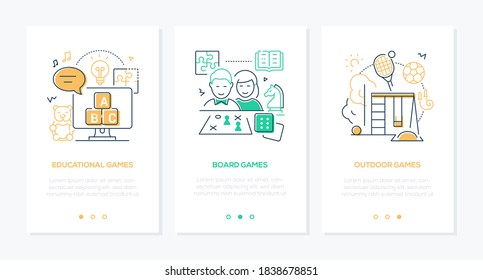 Activities for kids - line design style web banners with copy space for text. Hobby and entertainment for children. Educational, outdoor and board games for elementary students. Learning, playing idea