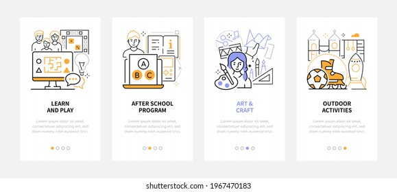 Activities for kids - line design style web banners with copy space for text. Learn and play, after school program, art and craft, outdoors carousel posts. Leisure and development for children idea