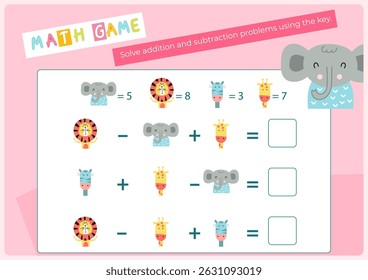 Activities for kids. Solve arithmetic problems using the key. Vector illustration. Flash card. Math game for learning counting. Game for activity book.