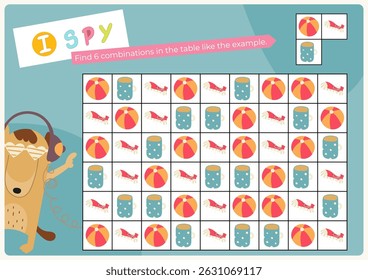 Activities for kids. I spy game. Find the combination with objects in table. Logic games for children. Vector illustration. Game to boost attention and focus. Flash card for activity book.