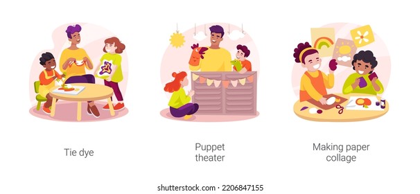 Activities In Kindergarten Isolated Cartoon Vector Illustration Set. Tie Dye, Puppet Theater, Making Paper Collage, Early Education, Daycare Center, Preschool Children Art Class Vector Cartoon.