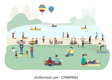 Activities, large crowd of people in the park. Recreation, sport and outdoor activities. Various people at park performing leisure outdoor activities, walking dog, doing yoga and, sunbathing. Vector.