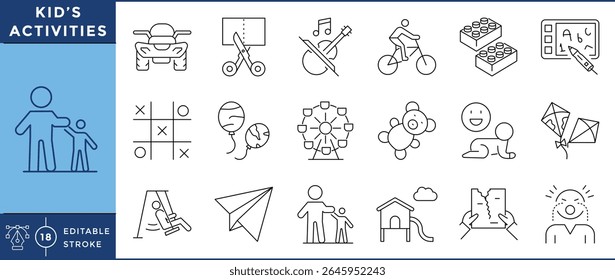 Kid’s Activities Line Icons Set | Games, Outdoor Fun, and Creativity | Editable Stroke