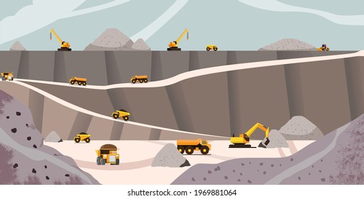 Activities of mining workers who are using heavy equipment to move mining products. Contractor machines